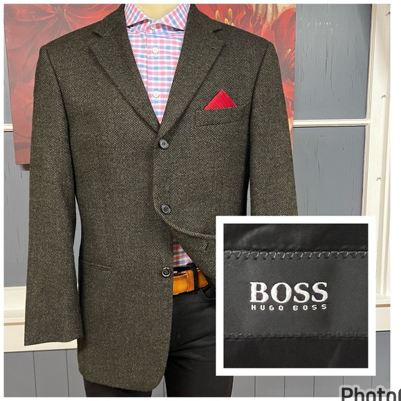 Vintage Hugo Boss Blazer Men 40R Wool Cashmere 3 Button Ventless Dark Olive Knit - Picture 1 of 13